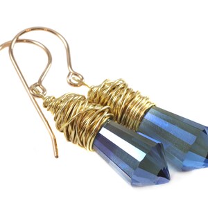 Crystal Earrings Silvery Grey Blue Pointed Round Faceted Cut Messy Wire Wrap 14k Solid Gold or Filled or Sterling Silver  Spyglass Designs