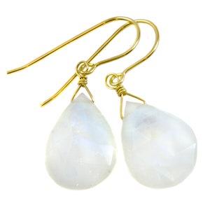Rainbow Blue Moonstone Earrings Sterling Silver or 14k Solid Gold or Filled Large Pear Teardrop Natural  Simple Drops