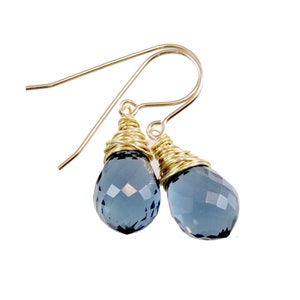 Smokey London Blue Gray Earrings teardrop Sim Smoky topaz  Sterling Silver or 14k Solid Gold or Rose Filled Pear Simple Wire Wrapped Drops