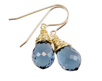Smokey London Blue Gray Earrings teardrop Sim Smoky topaz  Sterling Silver or 14k Solid Gold or Rose Filled Pear Simple Wire Wrapped Drops