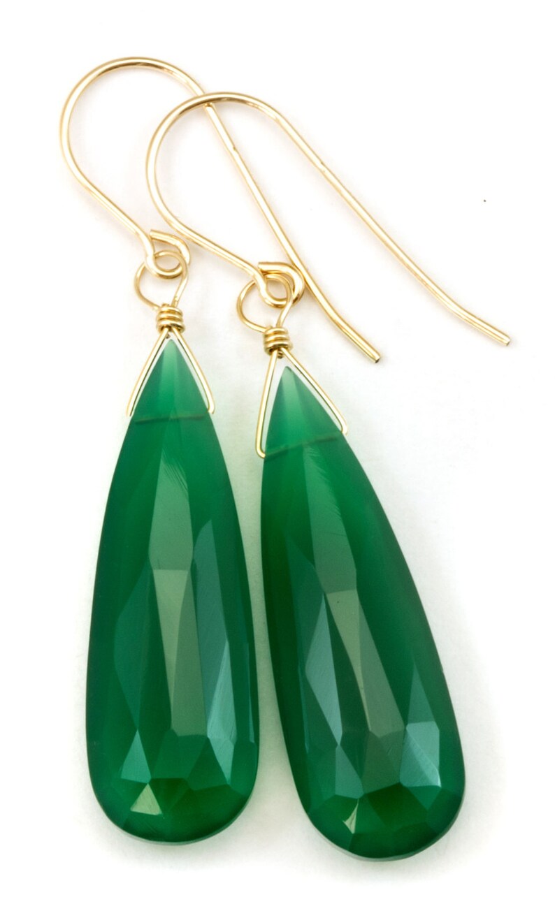 Green Onyx Earrings Faceted Long AAA Drop Dangle Large Narrow Teardrop Sterling Silver or 14k Gold Filled Rich Emerald Green Color Drops