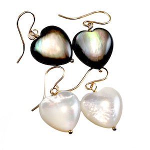Mother of Pearl Earrings White Heart or Black Lip Oyster Drop Natural 14k Solid Gold or Yellow or Rose Fill or Sterling Silver Simple MOP