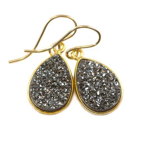 Black Drusy Earrings Druzy Quartz Teardrop Sterling Silver or 14k Solid Gold or Filled Bezel Set Simple Drops Platinum Gray Black Sparkly