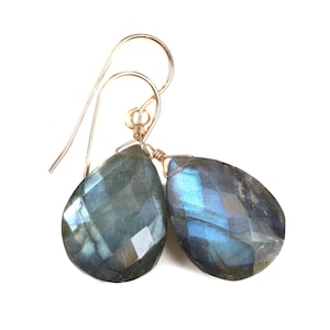Labradorite Earrings Sterling Silver or 14k Solid Gold or Yellow or Rose Gold  Filled faceted Teardrop Blue Flash Pear Dainty Natural Simple