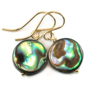 Kolczyki z muszli Abalone Paua Naturalny paw 14k Solid Gold lub Filled lub Sterling Silver Okrągły Prosty Delikatny MOP Wiszące Perły Masy Perłowej