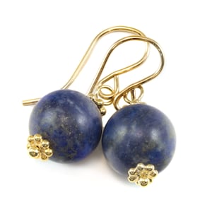 Lapis Lazuli Earrings Natural Dusty Blue Matt Round Dangles Sterling Silver or 14k Solid Gold or Filled Beaded Simple Basic Drops Pyrite