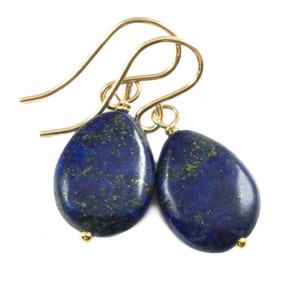 Blue Lapis Lazuli Earrings Natural Dainty Smooth Teardrop Sterling Silver or 14k Solid Gold or Filled Dainty Drops Everyday Wear Pyrite