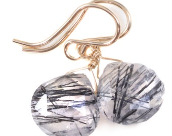 Black Tourmalated Rutile Quartz Earrings 14k Solid Yellow Gold or Filled or Sterling Silver Rutilated Heart Teardrop Nice Rutilation Simple