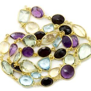 Multiple Gemstone Necklace Bezel Set Stones Off Round Off Oval 24 Inch 14k Gold Filled and Plate Large Faceted Amethyst Topaz Garnet Citrine