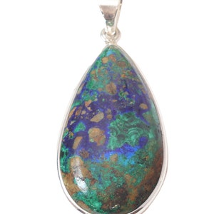 Chrysocolla Necklace Pendant Large Teardrop Pear Bezel Set Sterling Silver Natural Blue  Green AAA Cabochon Classic Simple  1.6 Inches