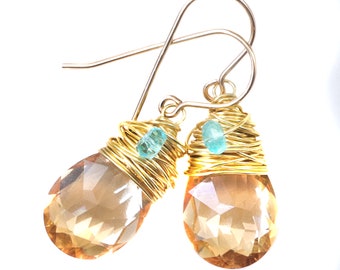 Spyglass Designs Wire Wrapped Earrings created with Imperial Yellow Crystal  14k Solid Gold or Sterling Silver Dangles Sim Topaz Drops