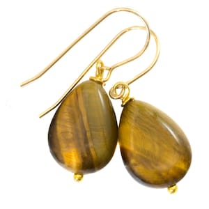 Tiger&#39;s Eye Earrings Smooth Dainty Teardrops dangle Sterling Silver or 14k Solid Yellow Gold or Filled Spyglass Designs Natural Tiger Eye