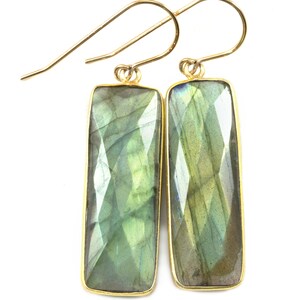 Labradorite Earrings Solid 14k Gold or Filled Long Rectangle Teardrop AAA Bezel Drop Dangle Contemporary Blue Flash Spyglass Designs 2 inch