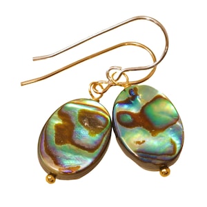 Abalone Earrings Paua Shell Natural Peacock Oval 14k Solid Gold or Filled or Sterling Silver Blue Green Simple Drops MOP Mother of Pearl