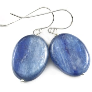 Kyanite Earrings High Quality Raw Large Smooth Oval Drop 14k Solid Gold or Filled or Sterling Silver Rich Blue Natural Simple Basic  Drops