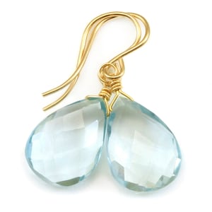 Aquamarine Earrings faceted Simulated Aqua Pear Dangle Drop Teardrop Sterling Silver or 14k Solid Gold or Filled Soft Aqua Blue Simple Daily
