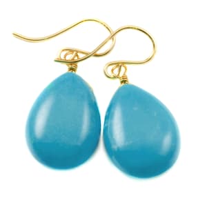 Blue Turquoise Earrings Large Teardrop Smooth 14k Solid Gold or Filled or Sterling Silver Puffed Drops Contemporary Clean Design Soft Blue