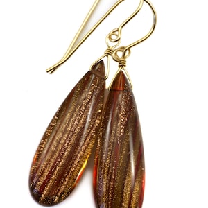 Art Glass Earrings Smooth Long Teardrops Golden Amber 14k Gold Filled or Sterling Silver AAA cut iridescent colors simple daily wear drops