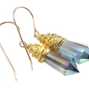 Crystal Earrings Silvery Green Rainbow Pointed Round Faceted Cut Messy Wire Wrap 14k Solid Gold or Filled or Sterling Silver Spyglass Design