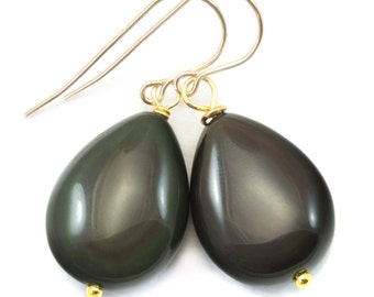 Rainbow Obsidian Earrings Rounded Teardrops Smooth Drop Sterling Silver or 14k solid Gold or Filled Real Natural Simple Puffed Classic Drops