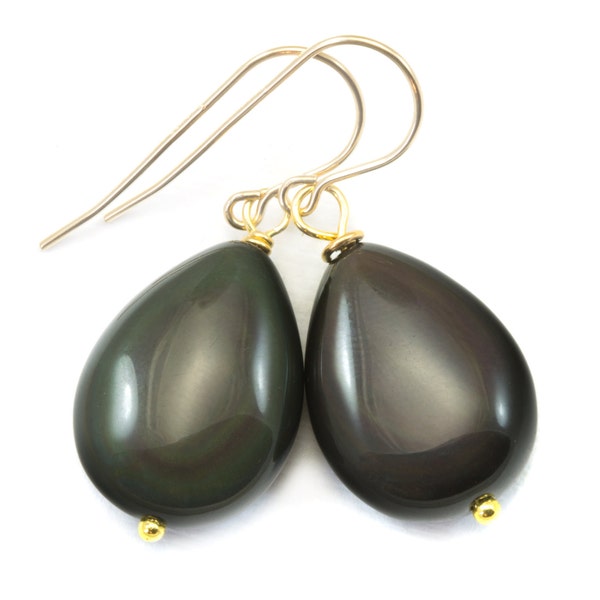 Rainbow Obsidian Oorbellen afgerond teardrops Smooth Drop Sterling Silver of 14k massief goud of gevuld real natuurlijke eenvoudige puffed classic drops