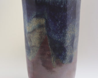 Ceramic Glass Tumbler Stoneware 12 ounce blue brown cup handmade hand thrown dual glaze Spyglass Designs Tall Glass