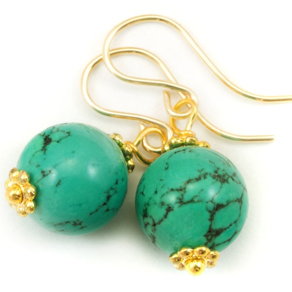 Boucles d’oreilles turquoise vert ronde polie lisse goutte sterling argent ou 14k solide jaune or rempli naturel Veining Perles Accents Simples