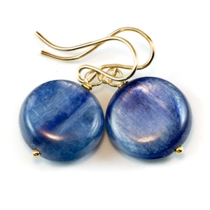 Kyanite Earrings  Rich Blue High Quality Smooth Simple Natural Round Button Drops 14k Solid Gold or Filled or Sterling Silver Dainty Dangles