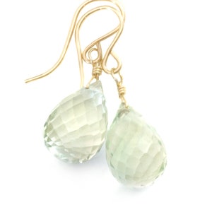 Green Amethyst Earrings Prasiolite Faceted AAA Briolette Teardrop 14k Solid Gold or Filled or Sterling Silver Simply Daily Soft Green Drops