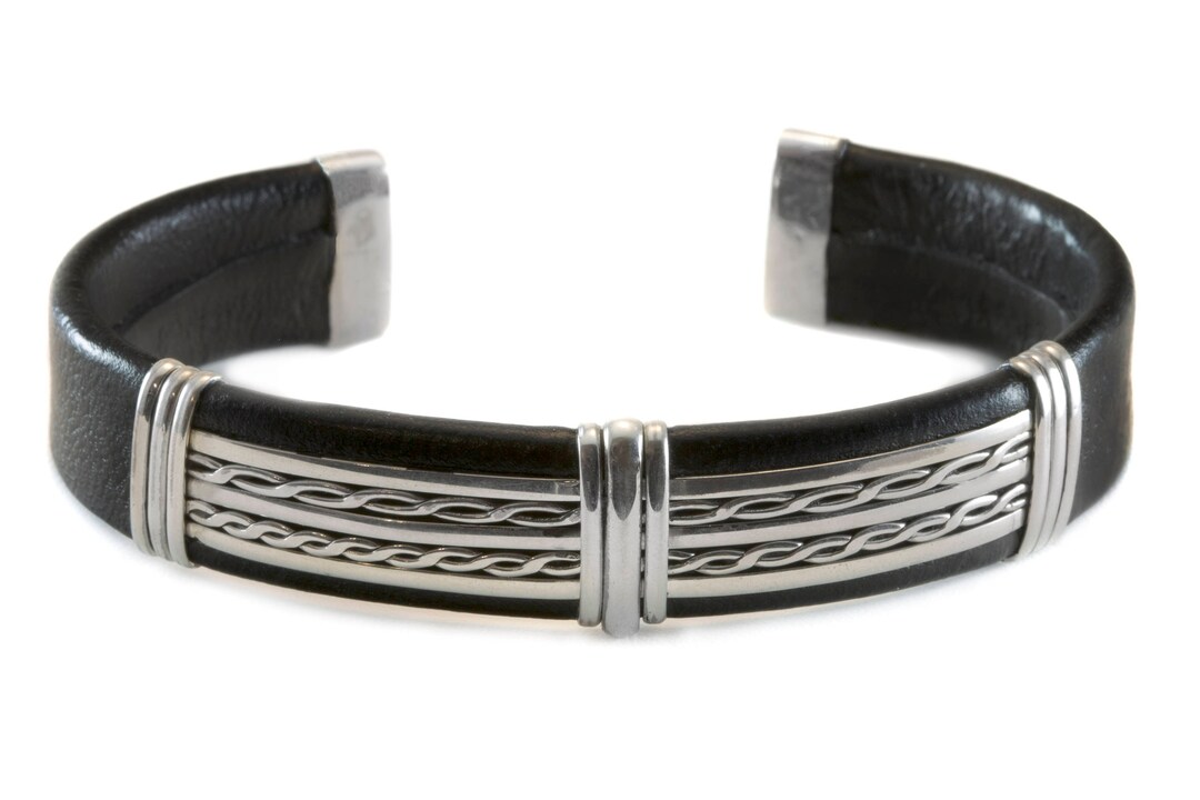 Leather Sterling Silver Bracelet Man's Cuff Adjustable for Etsy