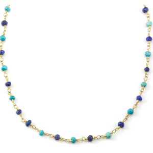 Blauwe ketting met lapis lazuli en turkoois, verdeelde schakelketting met facetgeslepen kralen 14k gold filled ketting 18 19 inch eenvoudig