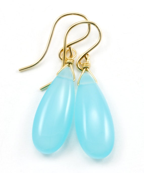 Chalcedony and Dark Blue Glass Dangle Earrings 14k Gold-plated Silver Chalcedony and Dark Blue Glass Dangle Earrings 14k Gold-plated Silver
