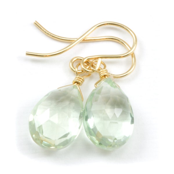 Green Amethyst Earrings Prasiolite Faceted AAA Pear Teardrop 14k Solid Gold or Filled or Sterling Silver Simply Daily Pale Soft Green Drop