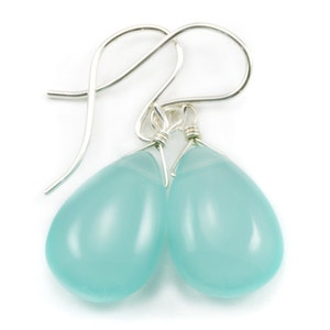 Aqua Blue Chalcedony Earrings Sterling Silver or 14k Solid Gold or Filled Teardrop Pear Smooth Cut Simple Natural Soft Blue Classic Daily