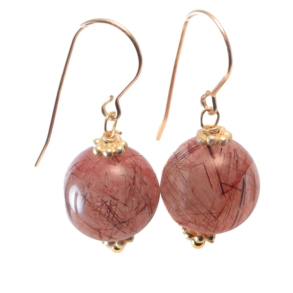 Rutile Tourmalinated Quartz Earrings Round Smooth Red Bronze  Sterling Silver or 14k solid gold or fill Rutilated Drops Natural Rutilation