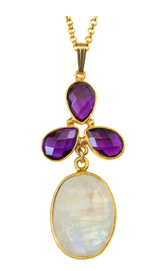 Moonstone Pendant Necklace Purple Amethyst 14k Yellow Gold Fill