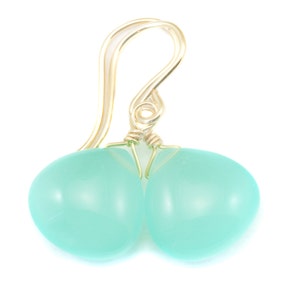 Aqua Blue Chalcedony Earrings Smooth Heart 14k Solid Gold or Filled or Sterling Silver Simple Soft Pale Color Teardrops Everyday Daily Drops