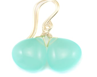 Aqua Blue Chalcedony Earrings Smooth Heart 14k Solid Gold or Filled or Sterling Silver Simple Soft Pale Color Teardrops Everyday Daily Drops