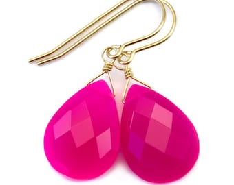 Hot Pink Chalcedony Earrings AAA Faceted Large Drops 14k Solid Gold or Filled or Sterling Silver Pear Fuchsia Magenta  Classic Drops