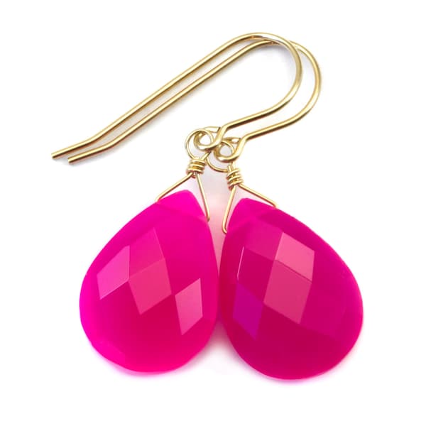 Hot Pink Chalcedony Earrings AAA Faceted Large Drops 14k Solid Gold or Filled or Sterling Silver Pear Fuchsia Magenta  Classic Drops