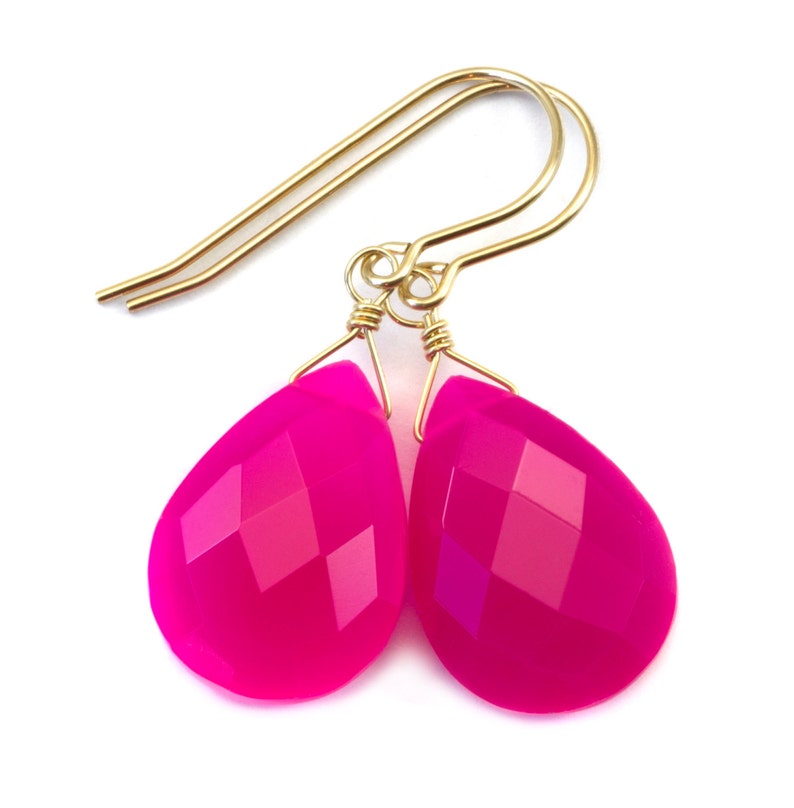 Hot Pink Chalcedony Earrings AAA Faceted Large Drops 14k Solid Gold or Filled or Sterling Silver Pear Fuchsia Magenta Classic Drops image 1