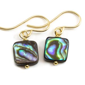 Abalone Paua Shell Teardrop Earrings Natural Peacock 14k Solid Gold or Filled or Sterling Silver Square Simple Small Tiny MOP Drops