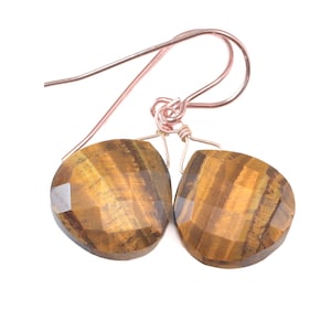 Boucles d&#39;oreilles en œil de tigre à facettes en forme de cœur en forme de larme en argent sterling ou en or massif 14 carats ou en or jaune ou rose rempli de gouttes naturelles 14