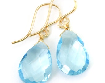 Swiss Blue Sim Topaz Earrings Baby Blue Pears 14k Solid Yellow Gold or Filled or Sterling Silver Pear Teardrops Light Simple Dainty Drop