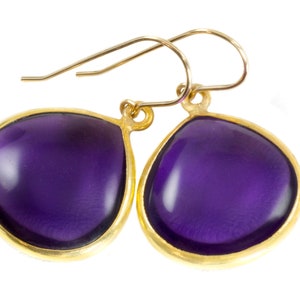 Simulated Purple Amethyst Earrings Smooth Large Heart Smooth Cut 14k Solid Gold or Filled Teardrop Deep Rich Purple Everyday Puffed Drops
