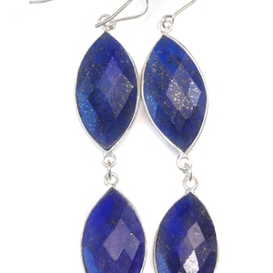 Lapis Lazuli Earrings Sterling Silver Blue Double Hung Bezel Marquis Faceted Teardrop Simple Drops 2.6 Inch Drops Extra Long