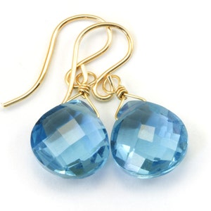 London Blue Faceted Simulated Topaz Earrings Heart Briolette Drops 14k Solid Yellow Gold or Filled or Sterling Silver SImple Dangle Drops