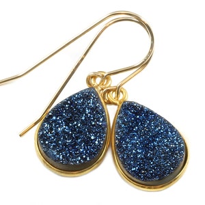 Drusy Earrings Peacock Blue Druzy Teardrop 14k Solid Gold or Filled Bezel Set Drops Natural Quartz  Simple Daily Drops