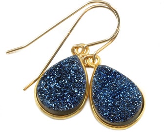 Drusy Earrings Peacock Blue Druzy Teardrop 14k Solid Gold or Filled Bezel Set Drops Natural Quartz  Simple Daily Drops