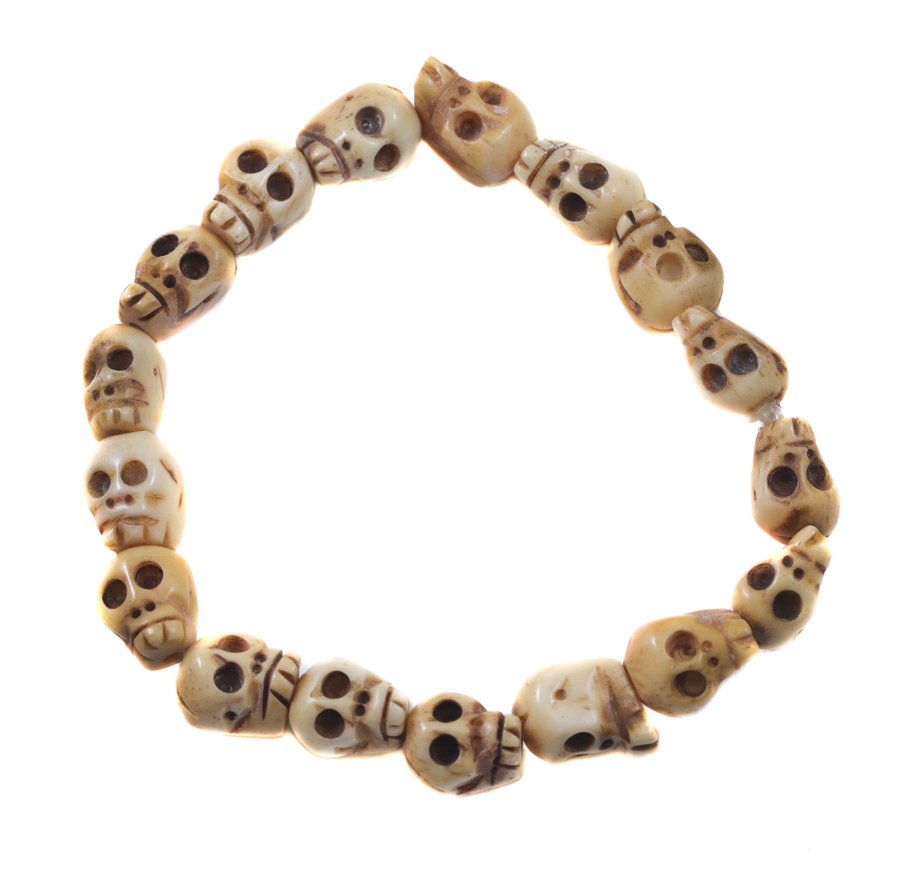 Skull Bracelet Carved Bone White Cream or Brown Bone Skulls 8 Inch